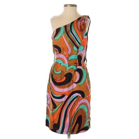 𝅺MILLY Multicolored Print Silk Twill Cocktail Dress Size 2 - Picture 1 of 8